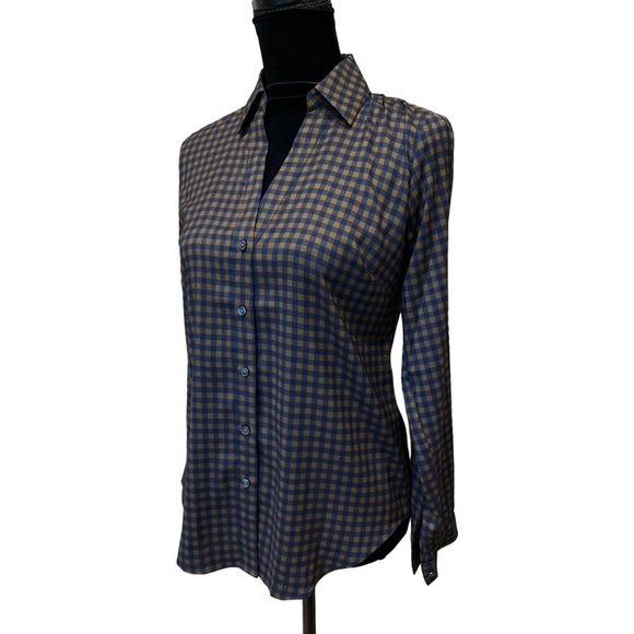 Ann Taylor Navy and Brown Checked Button Down Blouse XS - Picture 6 of 17